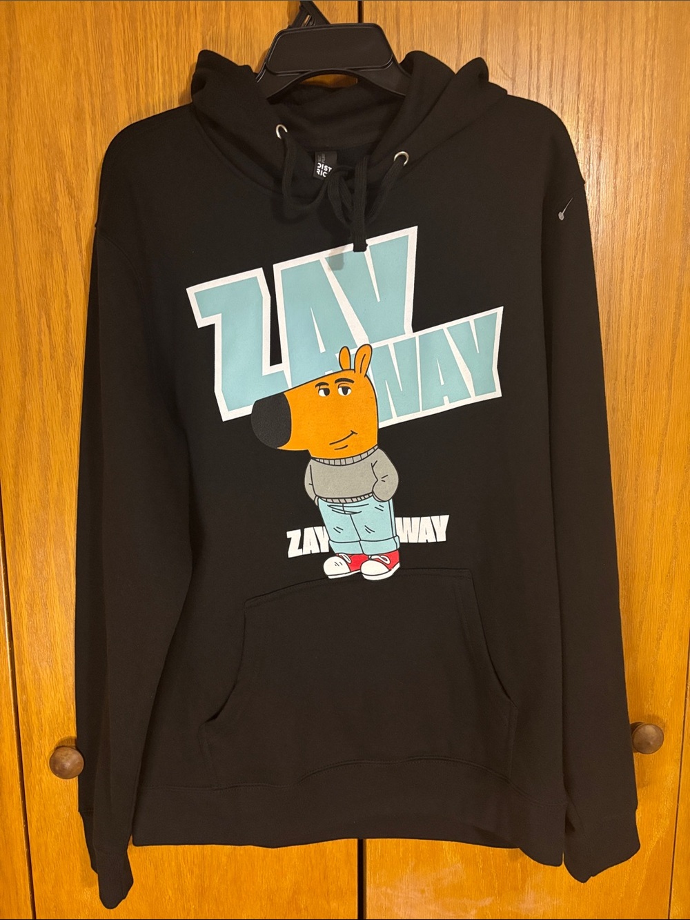 District Black Hoodie with Aqua, Orange & Red Cartoon Graphic100%cotton size L